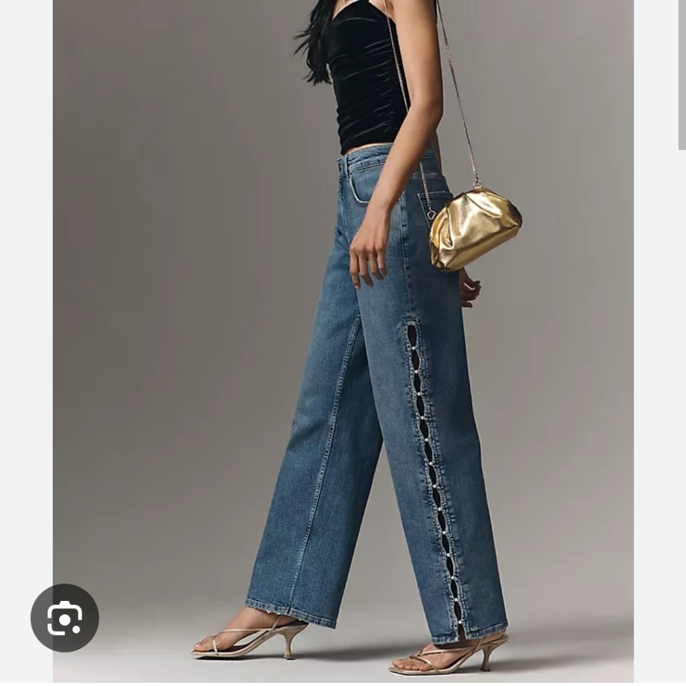 Maeve High-Rise Wide-Leg Jeans with Side Cutout Chain Detail - Blue